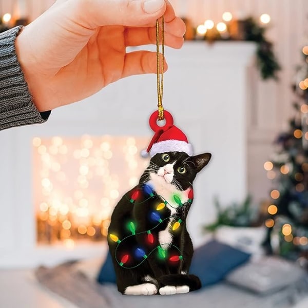 Katt som bär en julhatt med ljusslingor Tvåfärgad Fläckig Katt Julgransprydnad Topp Dekoration