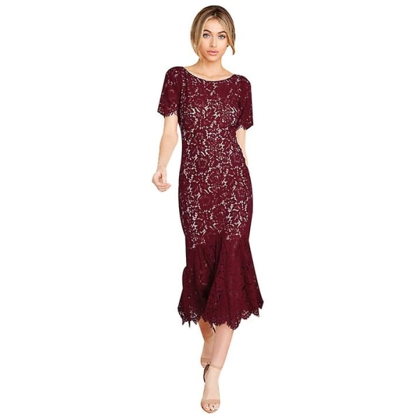 Naisten avoselkäinen pitsimekko Vintage kukallinen lyhythihainen mekko WINE RED S