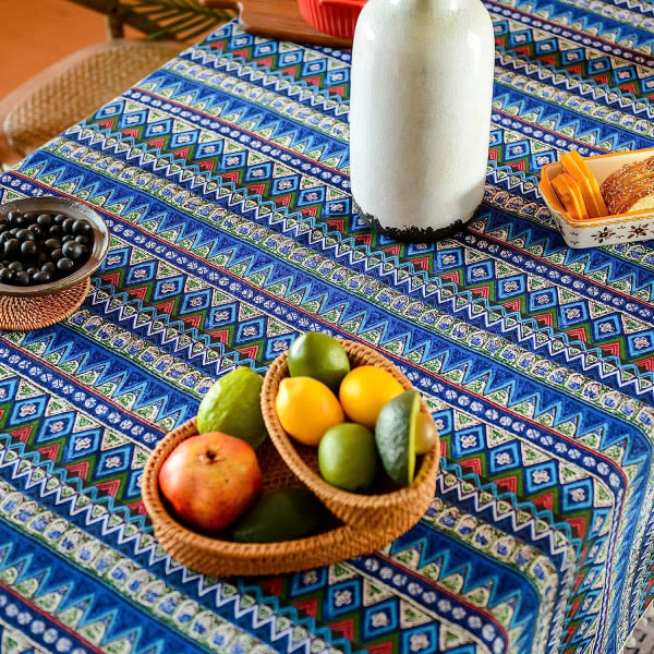 IC Pompom-tofs duk för Bohemian rektangulärt bord, skrynkelfri linne i Bohemian stil för (blå, 60\"x84\")