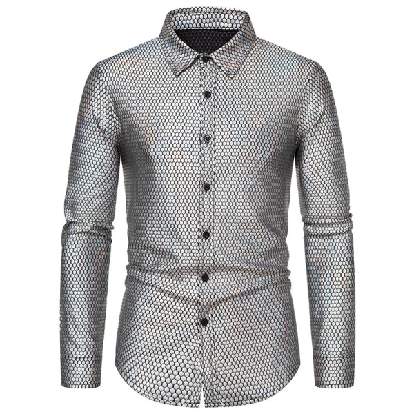 Lyxiga festskjortor for män med glänsande långärmade klänningar, skjortor med knappar Silver M