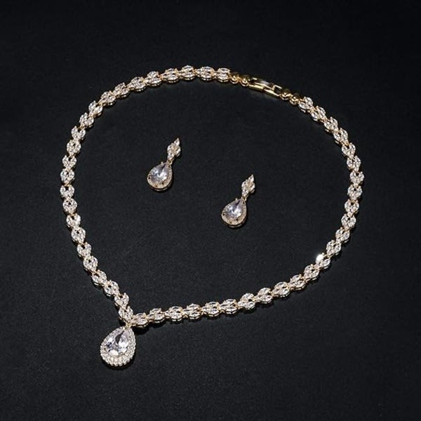 IC Vitguld/guldpläterade kvinder Cubic Zirconia CZ Marquise Teardrop Bridal Tennis Halsband og Drop Örhänge Set for bröllopsbrudar