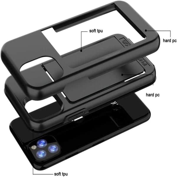 iPhone 13 Pro Max skal Støddæmpende kortholder mobilcover + linse Sort iPhone 13 Pro Max + 2 linser