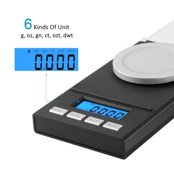 IC Presisjonsvekt, 50g/0,001g, Høy presisjonsvekt, Smykkevekt for lomme, Bærbar digitalvekt med LCD-skjerm, Leveres med kalibreringsvekter