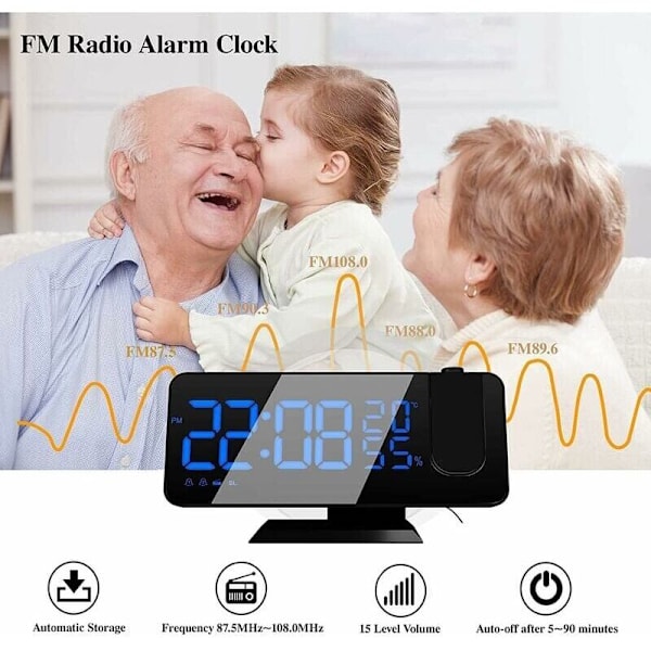 Projektor Väckarklocka med Radio, Digital Klocka, USB Väckarklockradio med Dubbla Alarm och 7 LED Spegelskärm (Blå Text), av DEBUNS