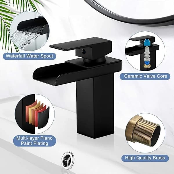 Matt Black Waterfall Bathroom Faucet, Brass Single Handle Basin Mixer with Ca