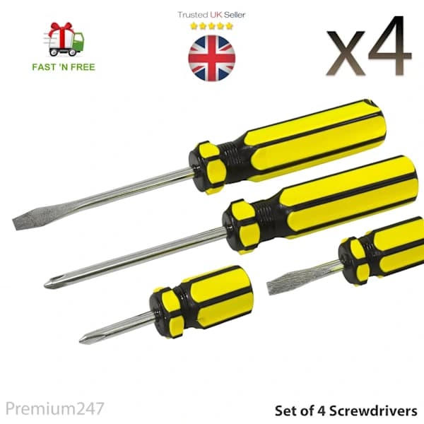 4x Heavy Duty Carbon Steel Screwdrivers, Set Philips Flat Slotted Screwdriver Grip Tool