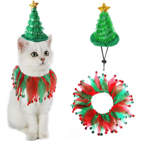 IC Kattjulkostym, små hundar och katter Tutuhalsband och grön glänsande hatt Söt kostymdräkt Kattungekläder Kläder