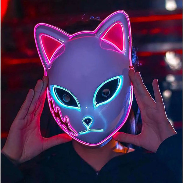 IC SINSEN Demon Slayer Kettu-naamio LED Cosplay Kissan naamio Japanilainen anime Halloween-asu rekvisiitta lapsille Aikuisten vaaleanpunainen