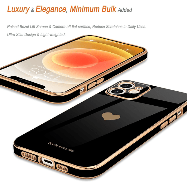 IC Kompatibel med iPhone 12-deksel for kvinner Tjej Söt Love-Heart Luxury Bling-plate Mjukt deksel opphøyt Full iPhone 12, svart