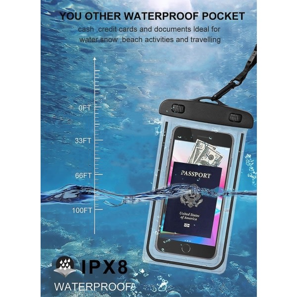 Universal vanntät telefonväska, 2 pakker Stort vanntett telefondeksel for Iphone 12/12 Pro Max/11/11 Pro/se/xs Max/xr Galaxy Opp til 6,5"