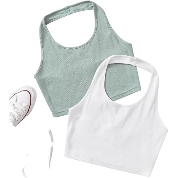 IC Damer 2-pak Basic Ribbstickad Crop Halter Top Ærmeløs Vest (LARGE)