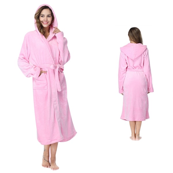 Vinterrock i varm fleece for kvinder med huva, lang badrock med luva i plysch Pink L