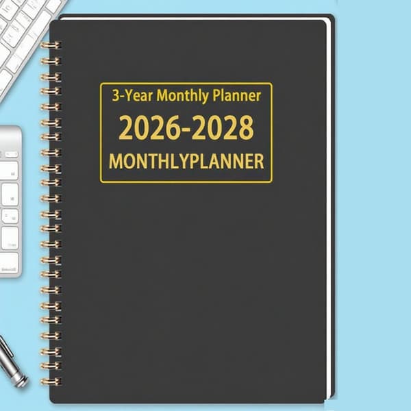 3-årig månedsplanlægger 2026-2028, 36-måneders kalender med spiralindbinding til skole, kontor, arbejde og hjem, sort