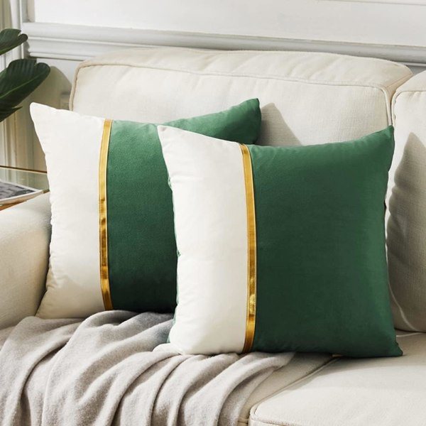 2-pak Olivgrønne Dekorative Pudebetræk 18x18 tommer til Stue Sofa, Grøn og Hvid Fløjlsplaster med Guld Læder 45x45 cm