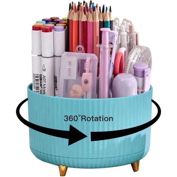 IC Pennhållare för skrivbord, pennhållare, 5 fack 360° roterande skrivbordsorganisatorer och tillbehör, söt pennkoppskruka (blå)