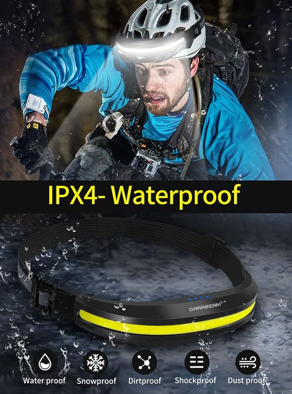 LED-hodelykt USB-C oppladbar, 230° bredstrålende COB-hodelykt med rødt lys, IPX4 vanntett, lettvekt for løping og camping