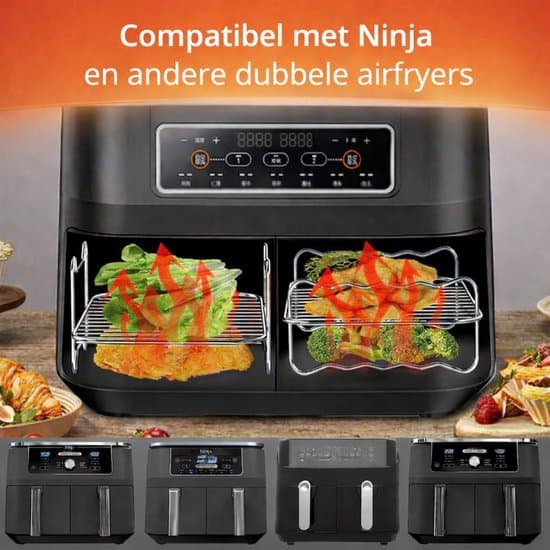 Tilbehørssæt til airfryer, dobbelte airfryer-riste, silikonekurve, bagepapir, tang og børste til Ninja airfryere, sort