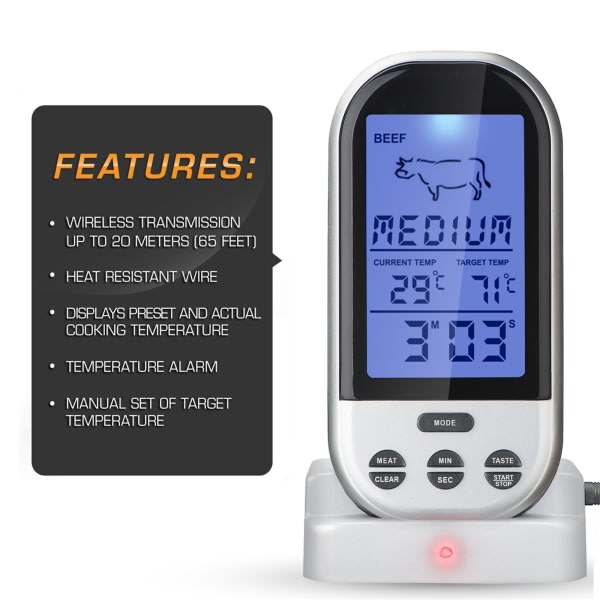 IC Bärbar Trådlös Grilltermometer Multifunktionell Digital Matlagningstermometer för Ugn Picknickgrill Svart