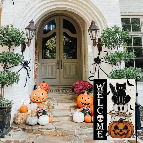IC Halloween-haamu-kissan Boo-puutarhalippu 12x18 tuumaa pieni kaksisivuinen säkkikangas Tervetuloa kausivapaa lomapiha ulkona
