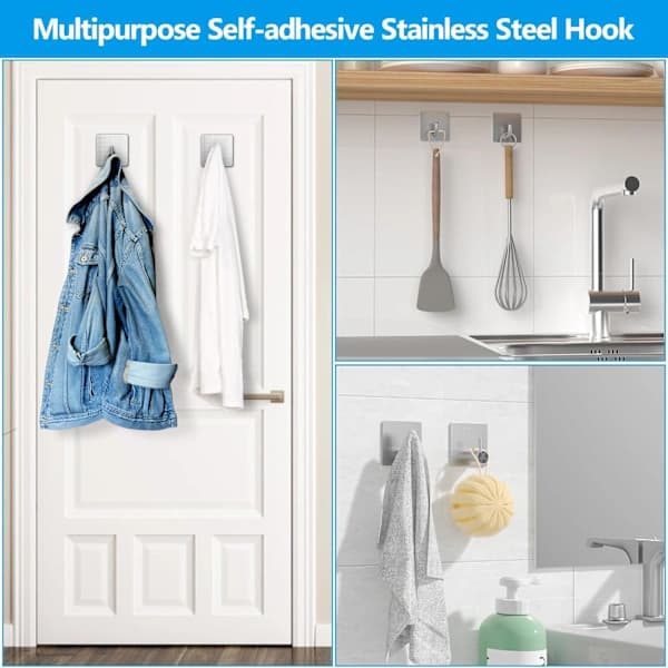 1-pack Self-Adhesive Hooks, Stainless Steel Towel Hook, Bathroom Hooks, Wall Hooks for Kitchen and Bathroom