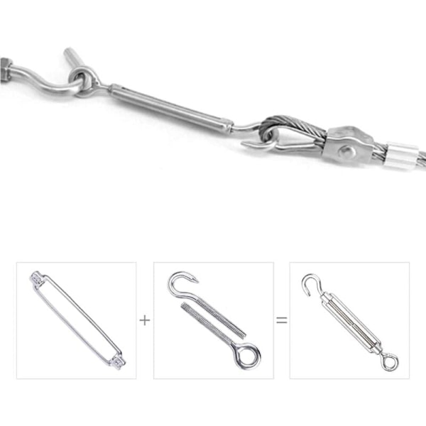 Sæt med 6 wirestrammere - Krogstrammere - Rustfri stål strammere - Til kraftig brug (M5)