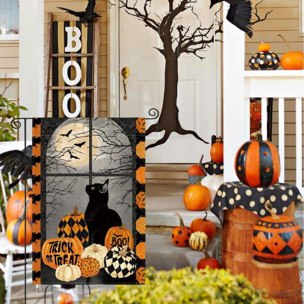 IC Halloween-kurpitsa Temppu tai herkku Boo Puutarhalippu 12 x 18 tuumaa kaksisivuinen, musta kissa lepakko kuu loma piha koristeellinen ulkolippu