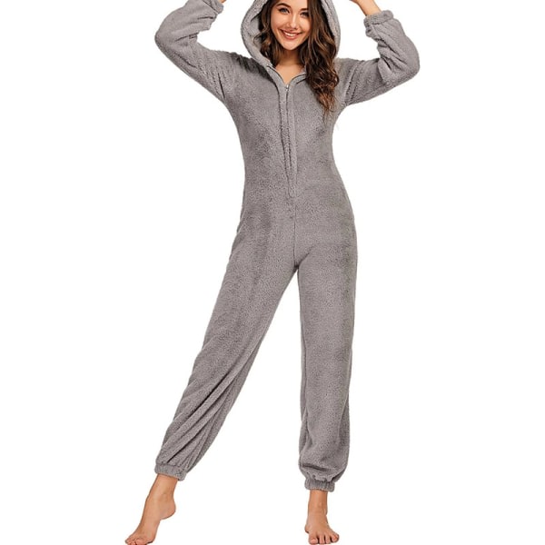 Hettegenser med dragkedja för kvinner Plysch långärmad pyjamas Bodysuits i ett stykke GREY XL