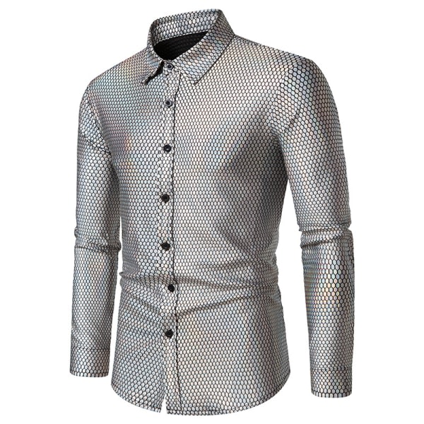 Lyxiga festskjortor for män med glänsande långärmade klänningar, skjortor med knappar Silver M