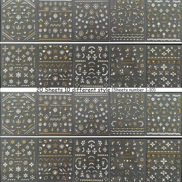 IC 20 ark 3D Neglekunst Stickers, Guld/Diamant Design Luksuriøse Negle Selvklæbende Dekaler Tilpassede Metalliske Negle Stickers til Kvinder