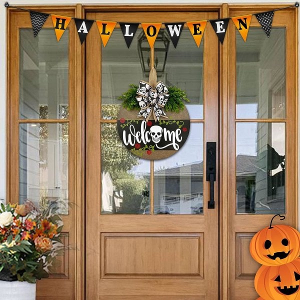IC Halloween-ovikelma, söt halloween-kallokoriste, tervetuloa puinen kranssi ulko-oveen (Halloween-kallo)