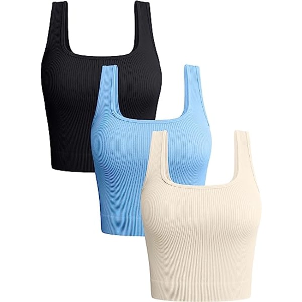 IC 3-delade linne damer Ribbade sömlösa træningsströjor Yoga Crop Tops (stora)