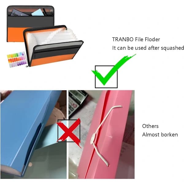Expanding folder with 13 pockets and zipper, A4 plastic document with practical front pocket for personal office storage - orange orange orange orange