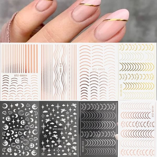 Linjer Nagelklistermärken Roséguld Metall Nail Art 8 ark självhäftande nageldekaler Kurva nail art för naispuolinen Manikyr DIY-koristelija