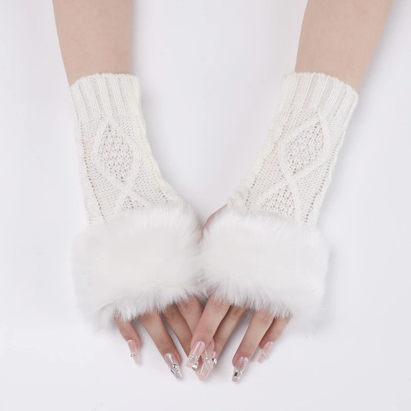 Short Knitted Gloves with Diamond Pattern - White White Vit