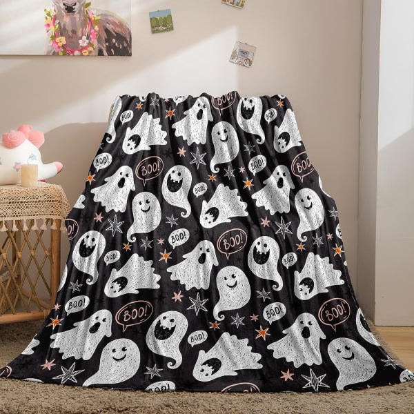 IC Halloween filt Barn Pojkar Flickor Cartoon Ghost Halloween Slängfilt for soffa Bäddsoffa Mjuk let plyschfilt (Ghost, Throw (50"x60"))