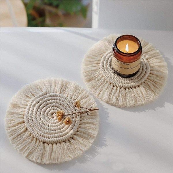 IC Dryckesunderlägg Absorberande Vävda Glasunderlägg Set Handgjorda Macrame Glasunderlägg med Tofsar Kaffe - 4 Pack-mönster 2