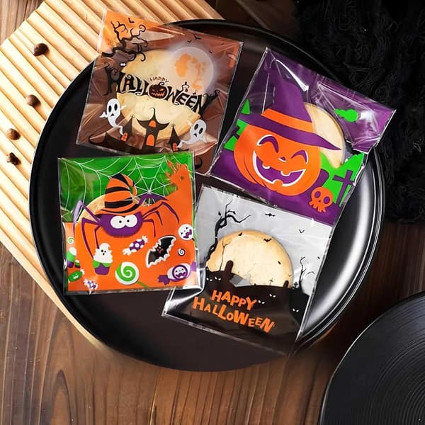 Halloween Godispåsar, 300-pack Självförslutande Polypropylen Godispåsar, 4 Designer för Barns Halloweenfester, 10 x 10 x 3 cm