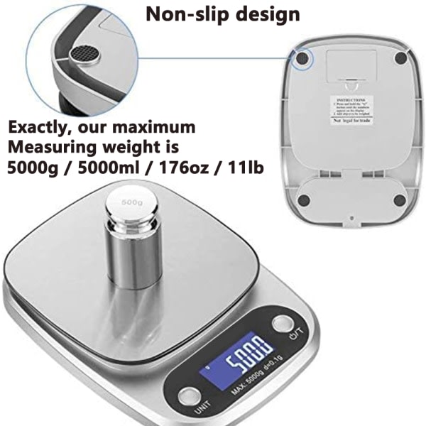 IC Kjøkkenvekt Digital Multifunksjonsmatvekt, 5 kg, rustfritt stål (batterier inkludert)