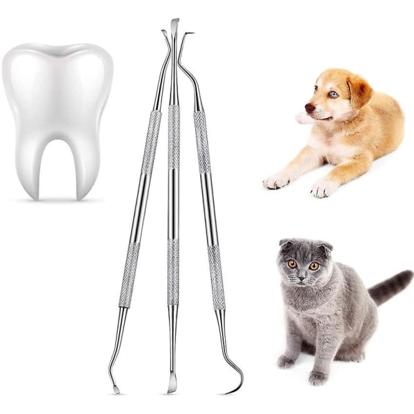 Sæt til fjernelse af tandsten hos kæledyr, 3 stk. rustfrit stål tandstensfjerner til hunde og katte