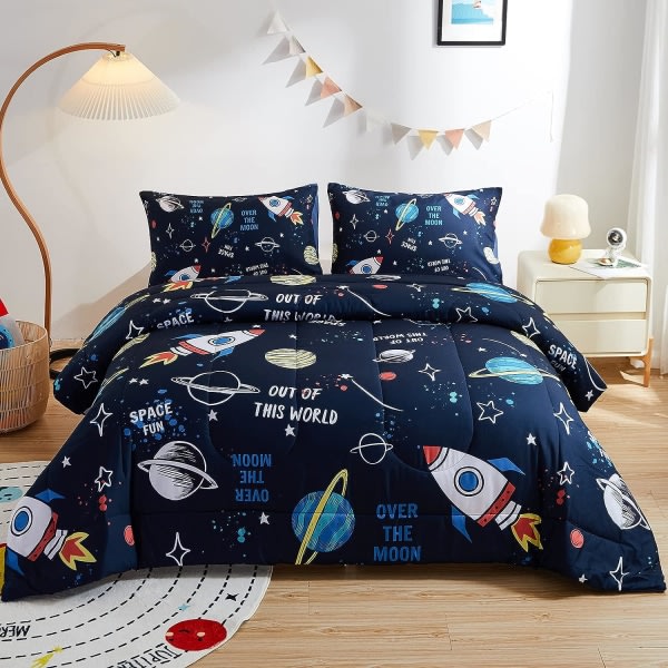 IC 2 dele barntäcke sæt Twin Size, Space Rocket sengetøj sæt til tonåring pojkar flickor