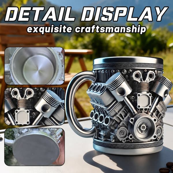 3D-motorkaffemugg 450 ml rostfritt stål dubbelväggig isolerad kopp för varma och kalla drycker, present till bilentusiaster, silvergrå