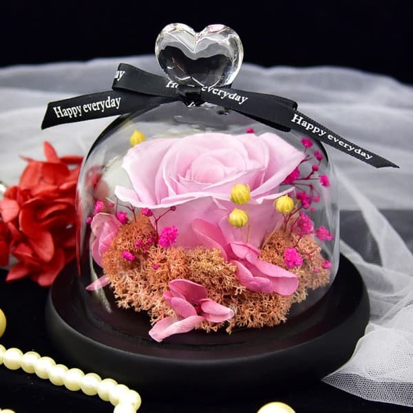 IC Evig blomsterdekoration rose med bundmose kærlighedsglas pink
