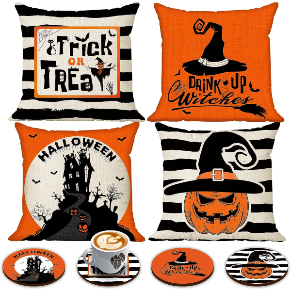 IC Happy Halloween tyynynpäällinen 18 x 18 Setti 4 kpl 4 bonSLUS koristeelliset lasinaluset, lSLINne Pelottava Kurpitsa Noita Linna