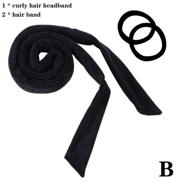 Värmelös locktång Pannband Lazy Sleeping Curly Ribbon for Wom svart med två hårband