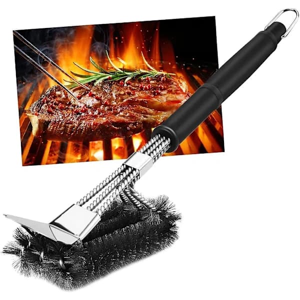 Grillrensebørste med skraber, børster i rustfrit stål, 46 cm lang til gas- og kulgrill, sort