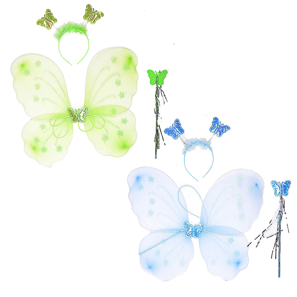 IC Fairy Butterfly Vinger, Tryllestav og Pandebånd til Piger blå + grøn
