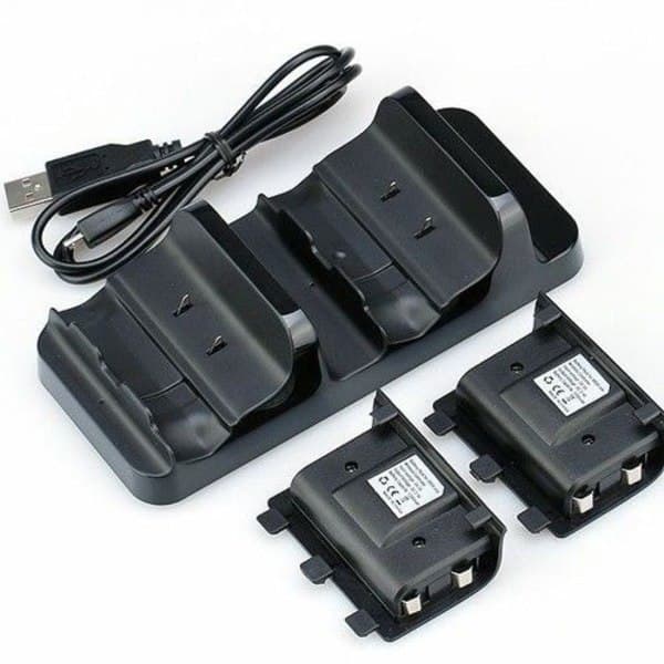 Srna Dubbeldocka Batteriladdare Joystickkontroll för Xbox One + 2 1200mah Batterier