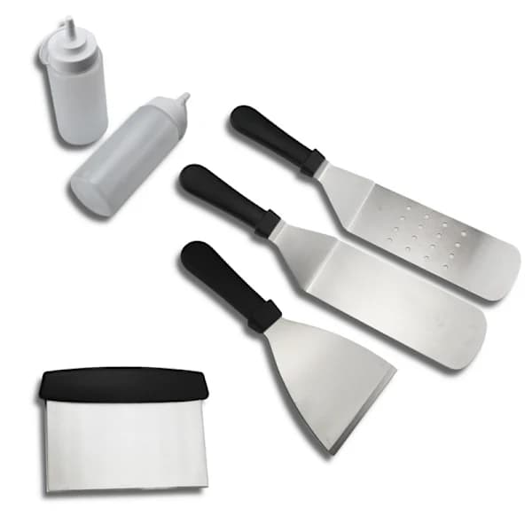6-delat grillspatelset i rostfritt stål med 3 spatlar, 2 klämflaskor och skrapa för grillning Silver