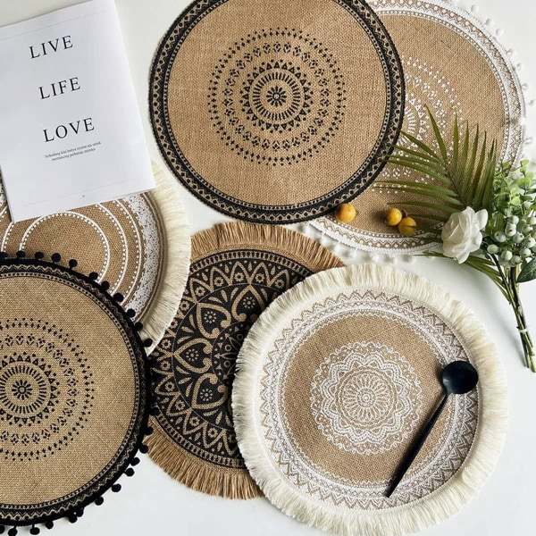 Sæt med 4 Boho Vævede Runde Bordskåner Håndlavede Bordmåtter Vævet Jute Kvaster Retro Borddekoration Kant Bomuld Kaffe Måtte Vandafvisende (Boho Mix)