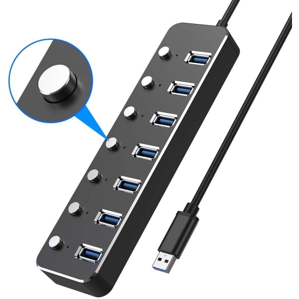 IC USB-hubb, USB 3.0 Aluminium Datahubb med individuella på/av-brytare och LED-lampor för bärbar dator (4 fot/120 cm) (7 portar)